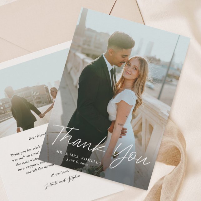 Carte De Remerciements Moderne Simple Script 2 Photo Mariage (Handwritten script 2 photo wedding thank you cards.)