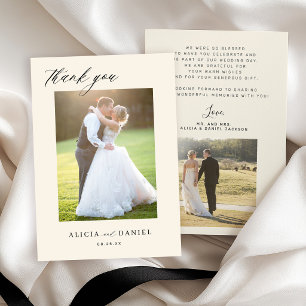 Carte De Remerciements Moderne simple script 2 photos ivoire mariage