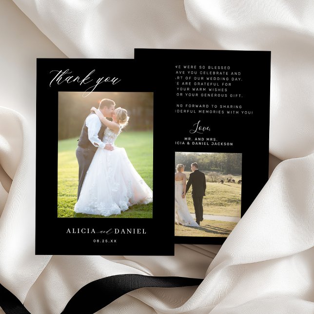 Carte De Remerciements Moderne simple script 2 photos mariage noir (Créateur téléchargé)