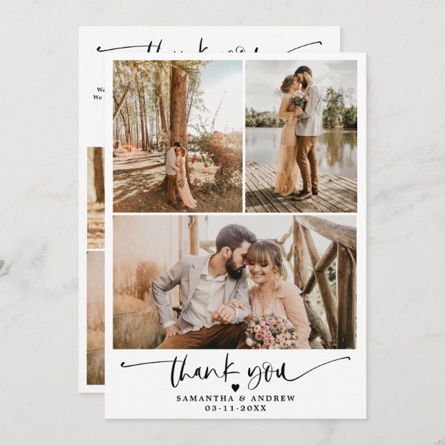 Carte De Remerciements Moderne simple script coeur 6 photos mariage (Devant / Derrière)