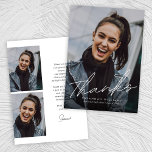 Carte De Remerciements Moderne tendance Script simple Trois diplômes phot<br><div class="desc">Carte de remerciements moderne moderne moderne à trois photos avec graduation comporte une photo sur le devant et deux photos sur le dos avec votre note de remerciement. Vous pouvez laisser le dos vide si vous préférez la place pour écrire votre note à la main.</div>