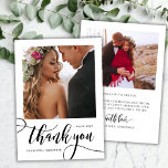 Carte De Remerciements Moderne Whimsical Énorme Script 2 Mariage photo<br><div class="desc">Boho moderne Whimsical Chic Huge Gold Calligraphy Script 2 Mariage photo Carte de remerciements. Un mariage élégant merci modèle avec une photo verticale sur le devant avec le texte "Merci" dans une main tourbillonnant fantaisie lettrage typographie swash tail police brush script en noir et blanc. À l'envers pré-fait message de...</div>