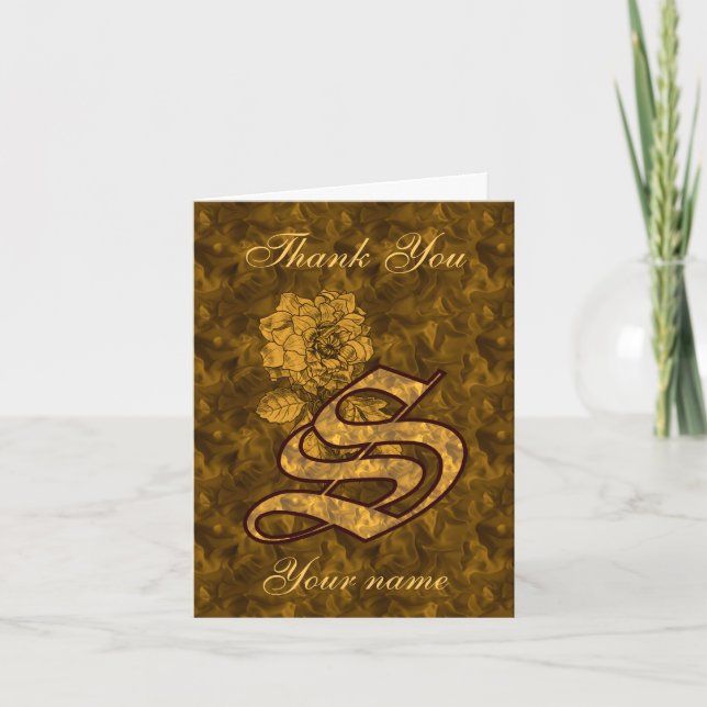 Carte De Remerciements Monogram Initial S Gold Satin Peony Personalized (Devant)