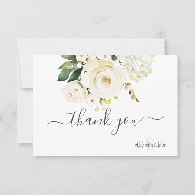 Carte De Remerciements Monogram Roses Hydrangea Alabaster Aquarelle (Devant)