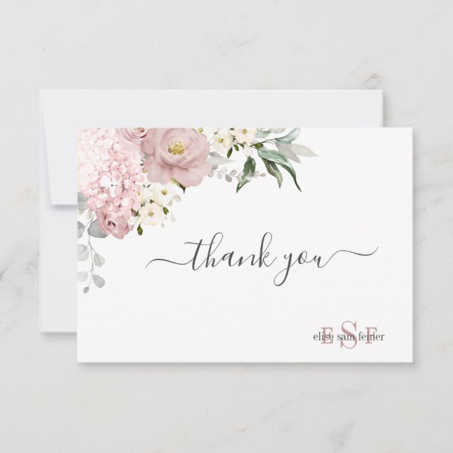 Carte De Remerciements Monogramme Aquarelle Dusty Rose Hydrangea (Devant)