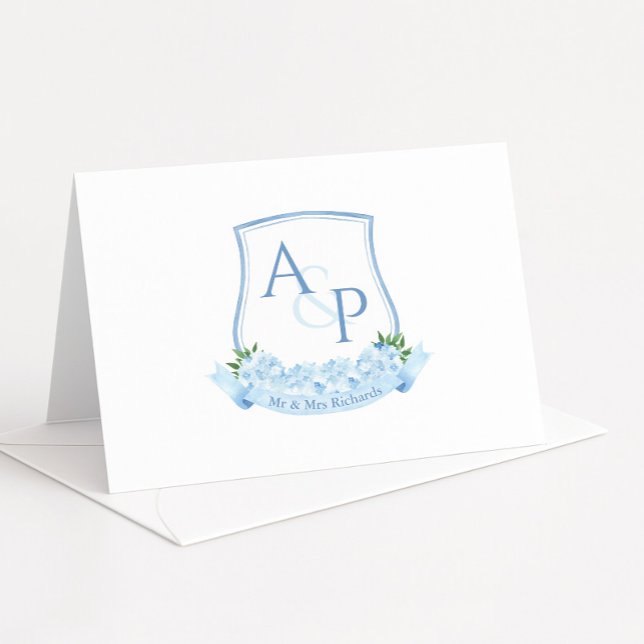 Carte De Remerciements Monogramme Bleu Et Blanc Mariage Botanique Crest (Watercolor blue hydrangea monogram crest folded thank you card)