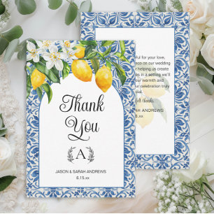 Carte De Remerciements Monogramme bleu méditerranéen Citron Mariage