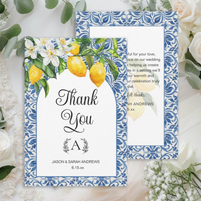 Carte De Remerciements Monogramme bleu méditerranéen Citron Mariage (Mediterranean wedding thank you card with blue and white tiles and lemons)