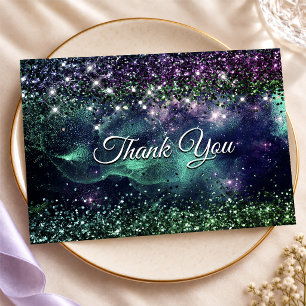 Carte De Remerciements Monogramme chic fausse paillette vert violet foncé