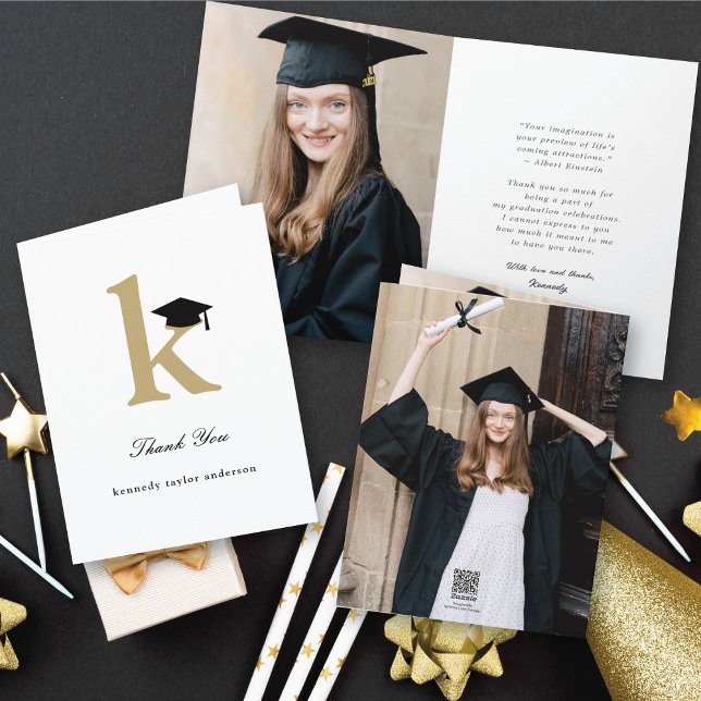Carte De Remerciements Monogramme classique K Graduation Cap Photo modern (Classic Monogram K Graduation Cap Modern Thank You Photo Folded Card @ zazzle.com/color_therapy)