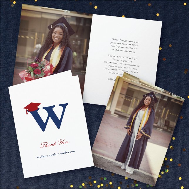 Carte De Remerciements Monogramme classique W Graduation Cap Photo modern (Classic Graduate's Monogram W Graduation Cap Photo Modern Thank You Card @ zazzle.com/color_therapy)