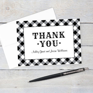 Carte De Remerciements Monogramme de mariage à carreaux Gingham noir rust