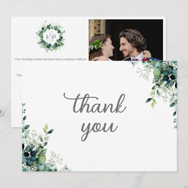 Carte De Remerciements Monogramme de mariage moderne avec verdure d'eucal (Devant / Derrière)