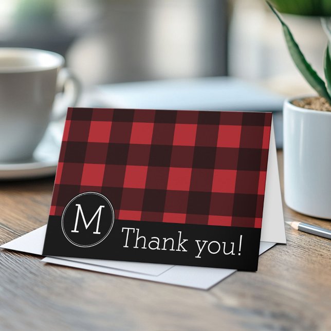 Carte De Remerciements Monogramme de Motif de Buffle Noir Rouge Rustique (Custom Folded Greeting Card)