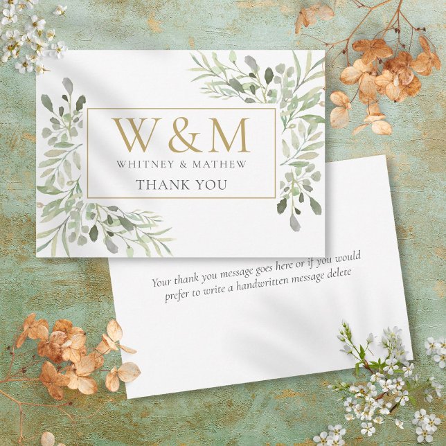 Carte De Remerciements Monogramme doré Élégance de feuillage (Gold Monogram Greenery Elegant Thank You Card)