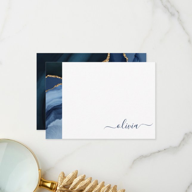 Carte De Remerciements Monogramme doré sur géode d'agate bleu marine (Devant/Arrière en situation)