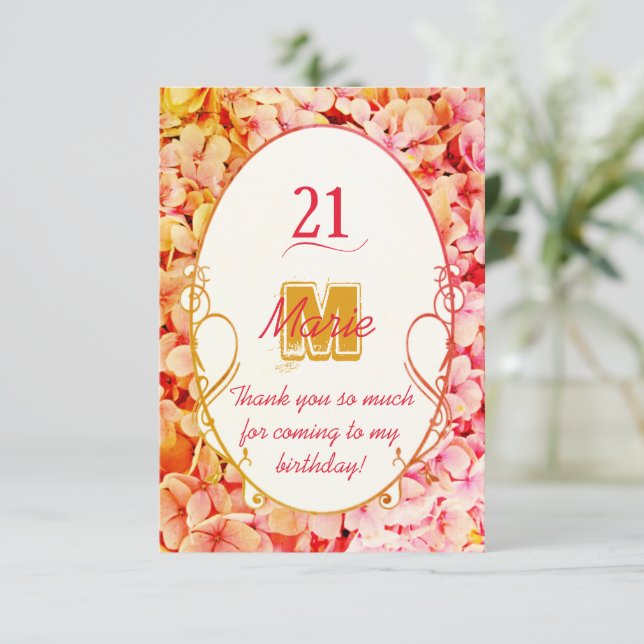 Carte De Remerciements Monogramme élégant Floral rose Anniversaire (Debout devant)