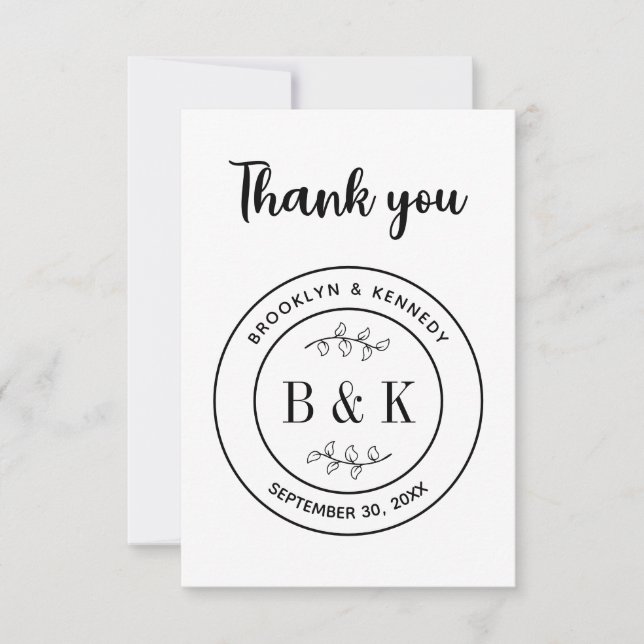Carte De Remerciements Monogramme floral botanique Mariage Nom du couple (Devant)