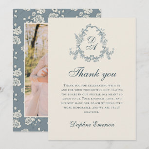 Carte De Remerciements Monogramme Floral Vintage Bleu