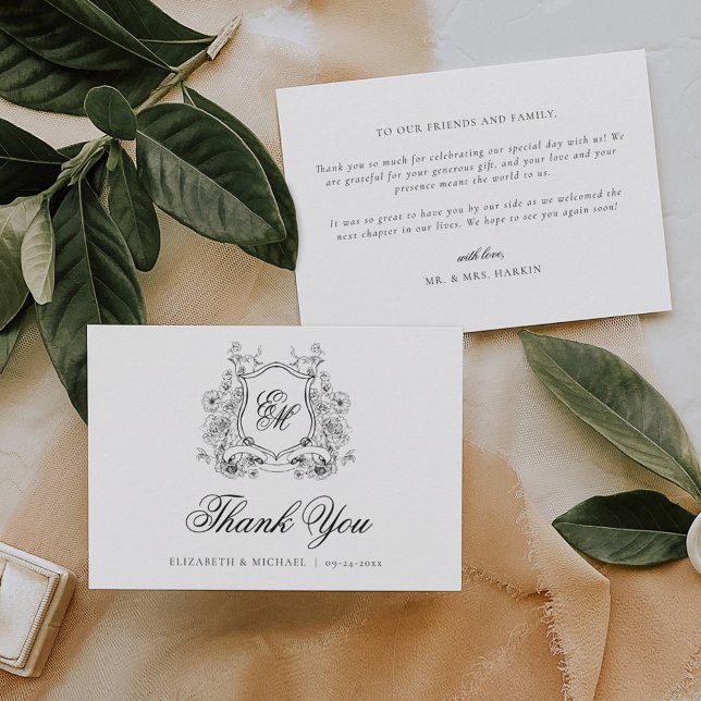 Carte De Remerciements Monogramme Formel Floral Crest Mariage Élégant (Créateur téléchargé)