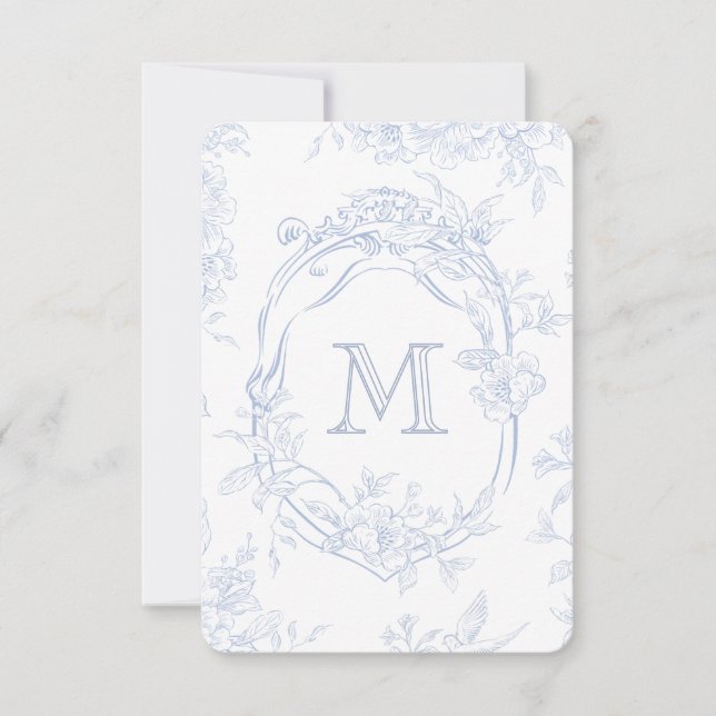 Carte De Remerciements Monogramme initial Floral Toile bleu Mariage (Devant)