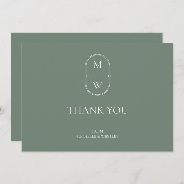 Carte De Remerciements Monogramme minimaliste Mariage vert (Devant / Derrière)