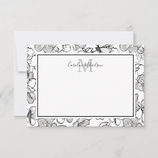 Carte De Remerciements Monogramme Motif floral noir et blanc (Devant)