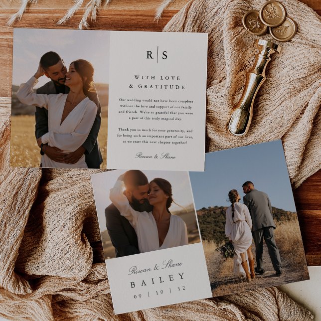 Carte De Remerciements Monogramme noir & écrin classique multi-photo (Créateur téléchargé)