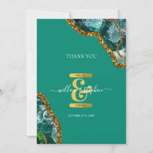 Carte De Remerciements Monogramme Pailleté Géode d'Agate Vert Émeraude et