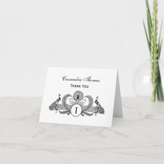 Carte De Remerciements Monogramme Paons Vintage (Devant)