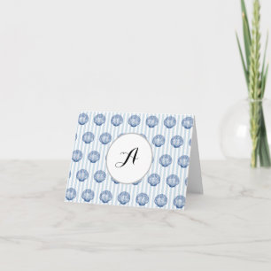 Carte De Remerciements Monogramme personnalisé bleu rayure coquillage côt