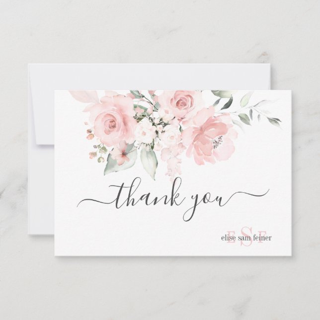 Carte De Remerciements Monogramme Roses Roses Roses Rose Aquarelle Fleurs (Devant)