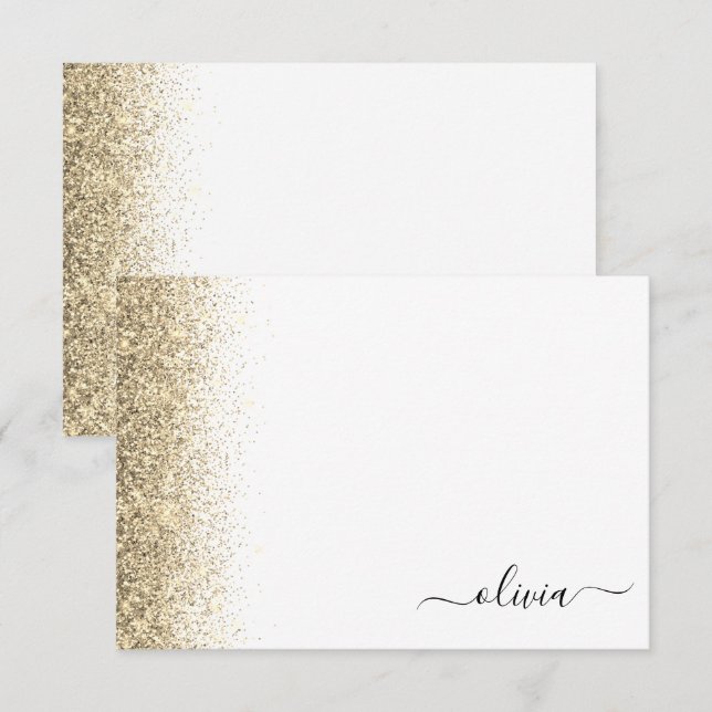 Carte De Remerciements Monogramme Script Pailleté Blanc Doré Féminin (Devant / Derrière)