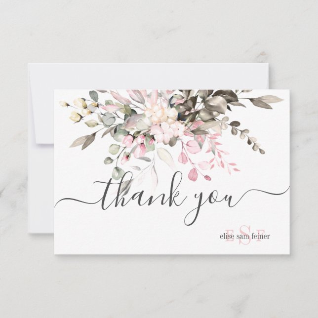 Carte De Remerciements Monogramme Vert Blush Eucalyptus Chute Foliage (Devant)