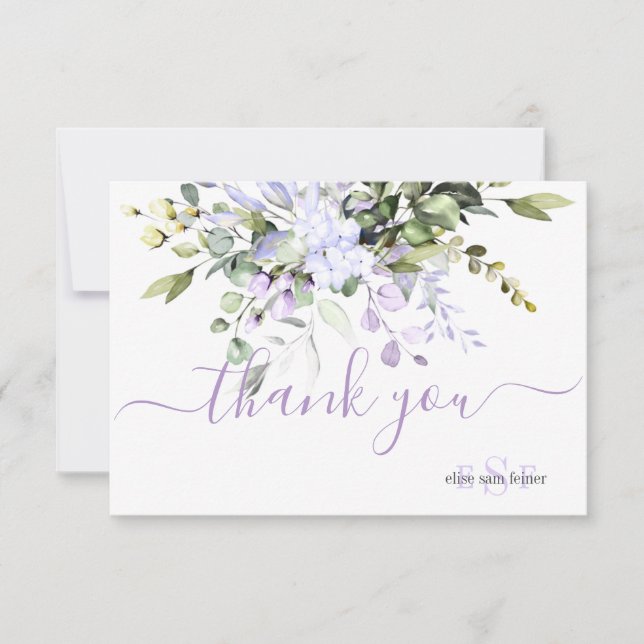 Carte De Remerciements Monogramme Vert Eucalyptus Feuilles Fleurs pourpre (Devant)