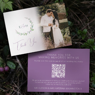 Carte De Remerciements Monogramme vert mauve baies mariage photo QR Code