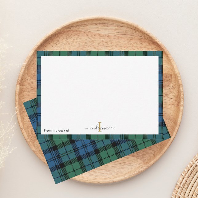 Carte De Remerciements Monogramme vert plaid Script Nom rustique Tartan (Plaid Monogram Campbell Tartan Notecard)