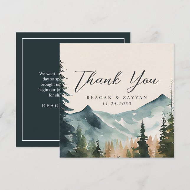 Carte De Remerciements Montagnes et pins à l'aquarelle pour un mariage (Devant / Derrière)