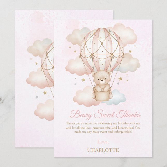 Carte De Remerciements Montgolfière Beary Sweet 1er Anniversaire  (Devant / Derrière)