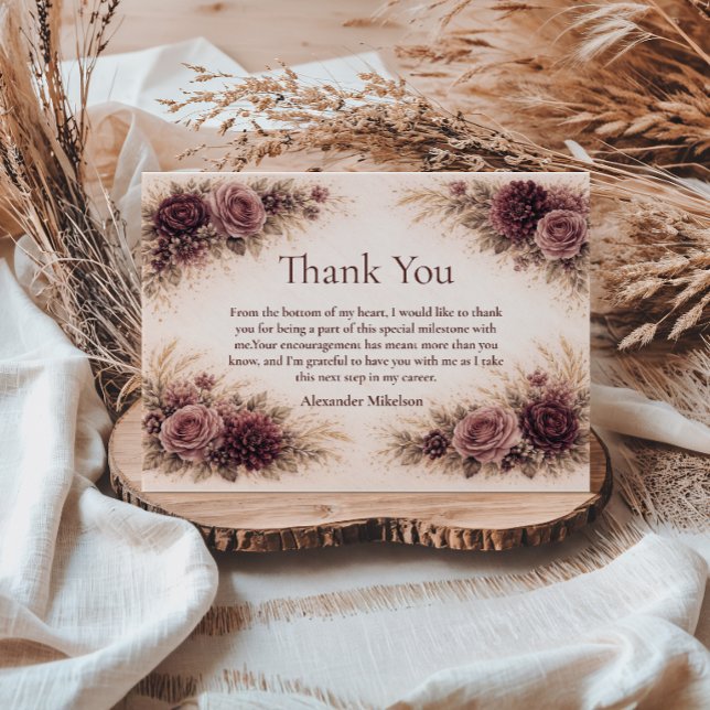 Carte De Remerciements Moody Burgundy Floral Graduation Party (Créateur téléchargé)