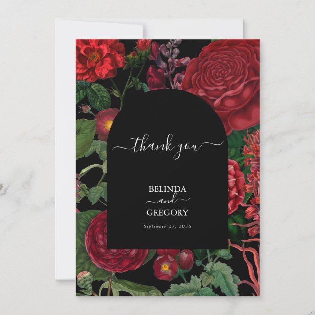 Carte De Remerciements Moody Florals Arc Noir Bourgogne Rouge Mariage (Devant)