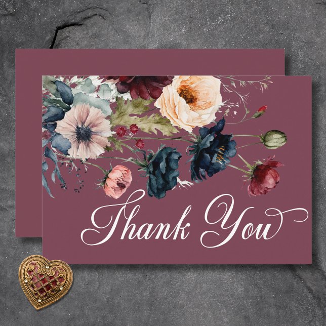 Carte De Remerciements Moody foncé Bourgogne Oval Mariage de cadre floral (Dark Moody Burgundy Oval Floral Frame Wedding Thank You Card)