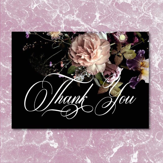 Carte De Remerciements Moody foncé Pastel Opulent Floral Mariage noir (Dark Moody Pastel Opulent Floral Black Wedding Thank You)