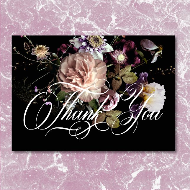 Carte De Remerciements Moody foncé Pastel Opulent Floral Mariage noir (Dark Moody Pastel Opulent Floral Black Wedding Thank You)