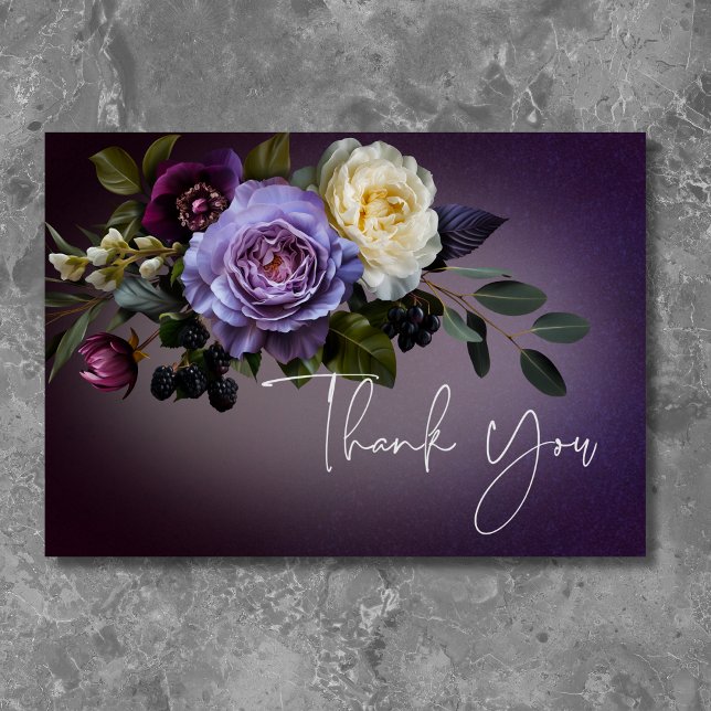 Carte De Remerciements Moody foncé violet lavande Floral moderne (Dark Moody Purple & Lavender Floral Modern Thank You Card)