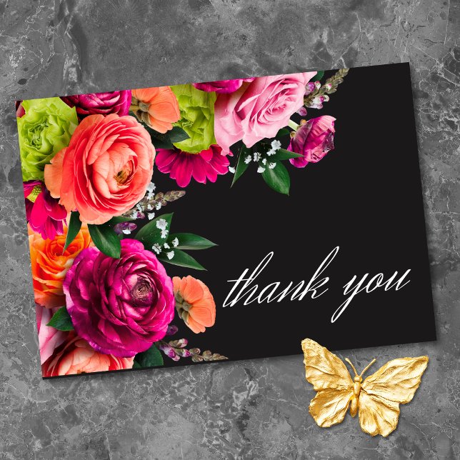 Carte De Remerciements Moody Luxe Floral Vibrant Pink Black Wedding  (Moody Luxe Floral Vibrant Pink Black Wedding Thank You Card)