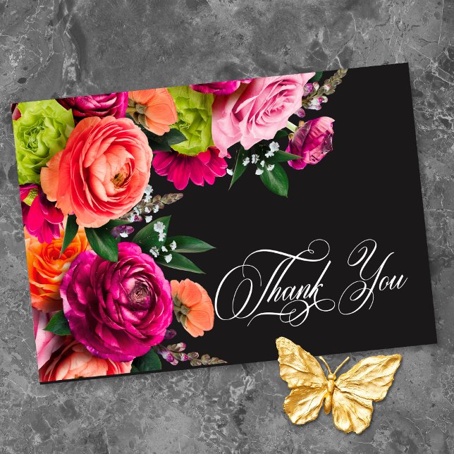 Carte De Remerciements Moody Luxe Floral Vibrant Pink Black Wedding  (Moody Luxe Floral Vibrant Pink Black Wedding Thank You Card)