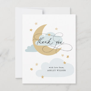 Carte De Remerciements Moon and Stars Matte Blue Script Baby Shower
