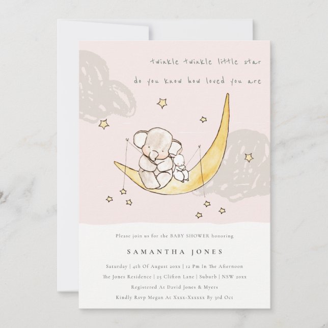 Carte De Remerciements Moon Stars Elephant Bunny Girl Baby shower Invitat (Devant)