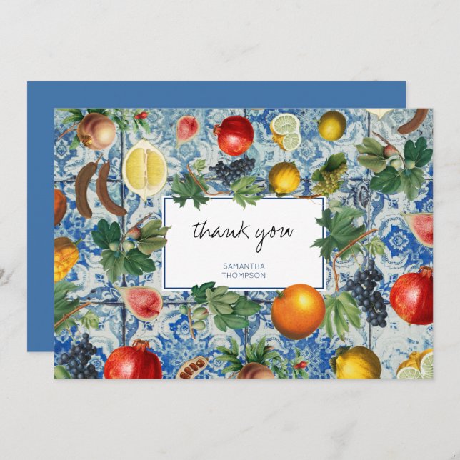 Carte De Remerciements Mosaïque bleue de fruits d'été méditerranéens Merc (Devant / Derrière)